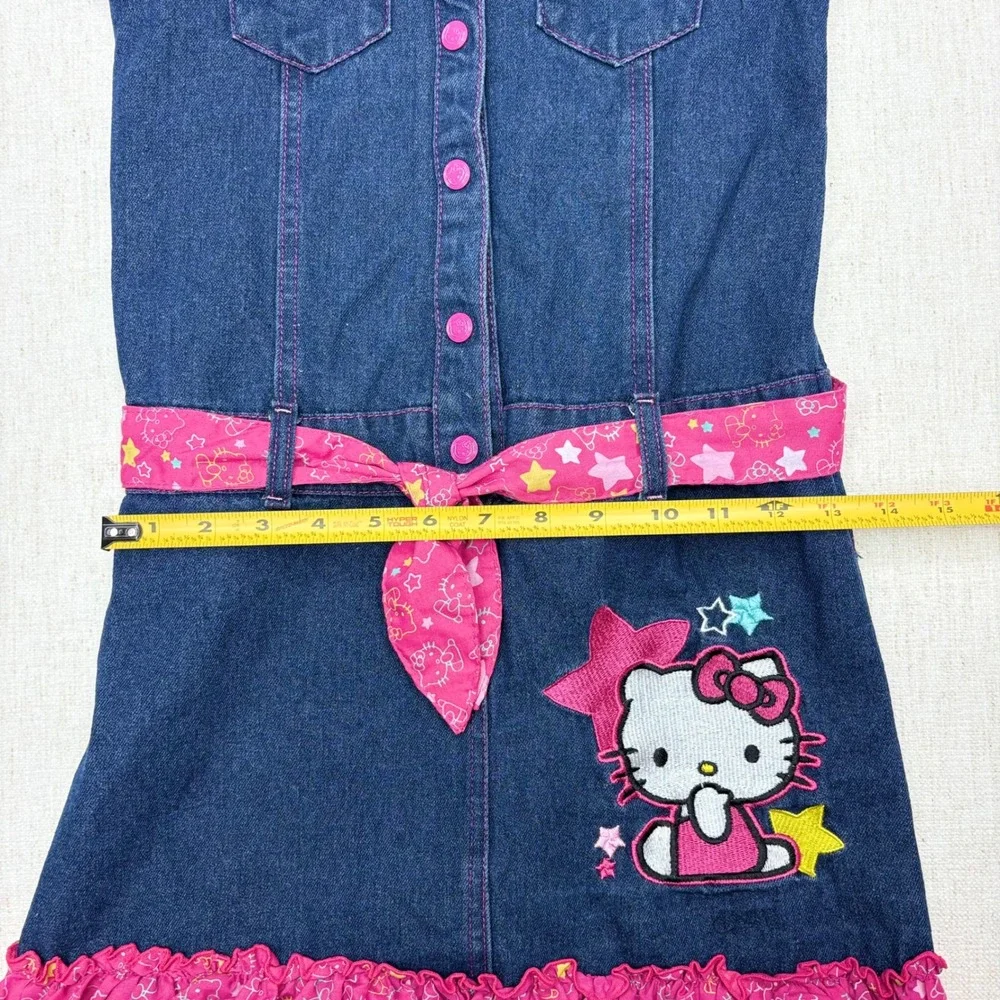 Hello Kitty Girls Denim Shirt Dress Blue Pink Ruffle Embroidered Size 12 Y2K